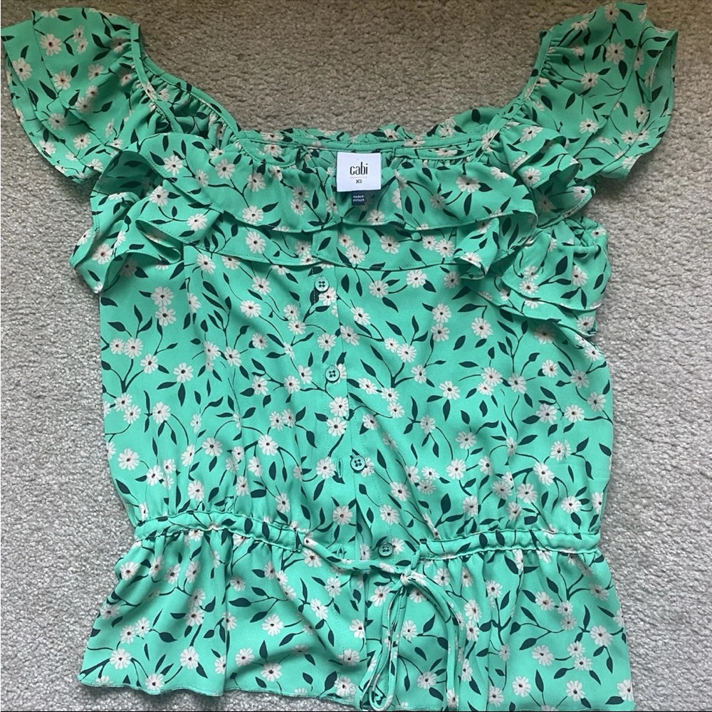 CAbi Mint Floral Ruffle Blouse